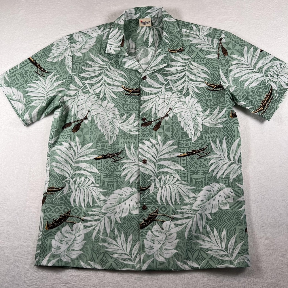 Royal Creations Shirt Mens Large Green Hawaiian Canoe Leaf Print Button Up